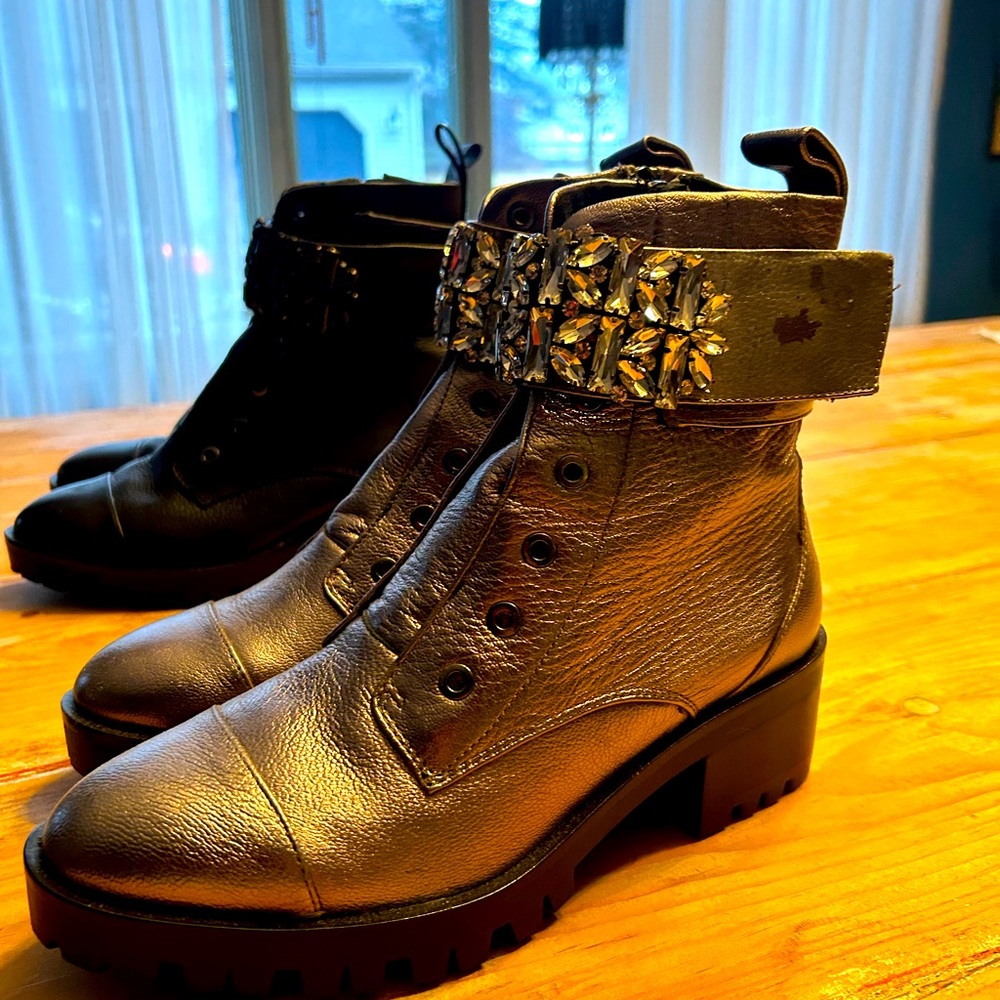 NWOT Karl Lagerfeld silver moto-glam boots